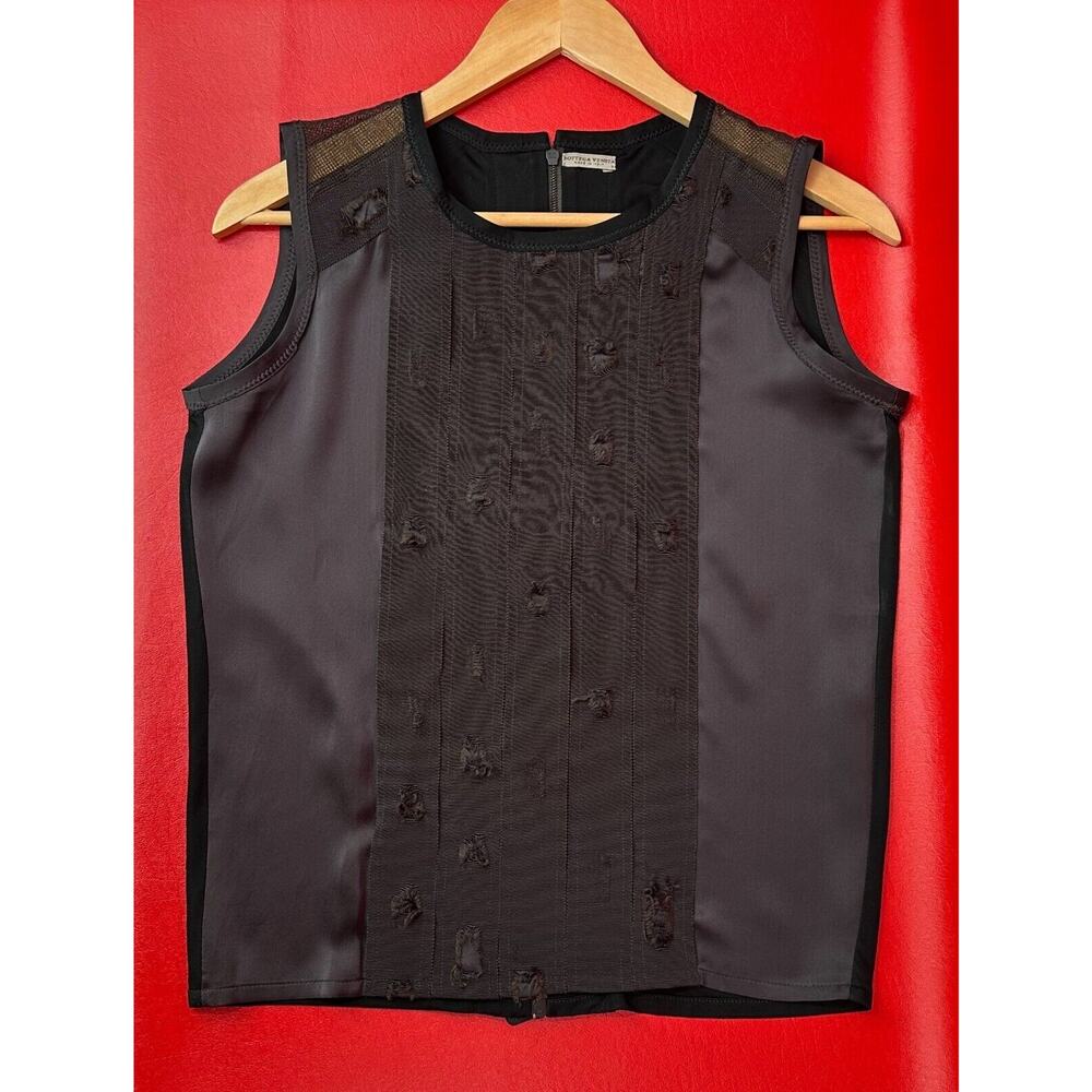 Bottega Veneta Black Distressed Grosgrain Insert Panel Silk Blend Top Size EU 40